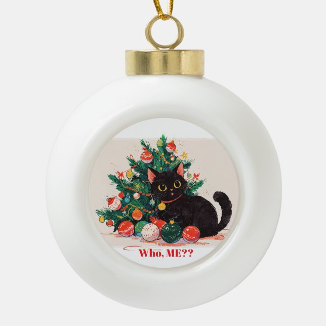 Niedlich Black Kitten Look Guilty - Christmas Keramik Kugel-Ornament (Vorderseite)