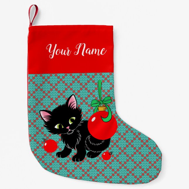 Niedlich Black Kitten Personalisiert Kleiner Weihnachtsstrumpf (Vorderseite)