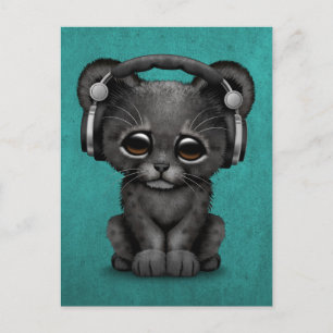 Niedlich Black Panther Cub Dj Tragekopfhörer Blau Postkarte