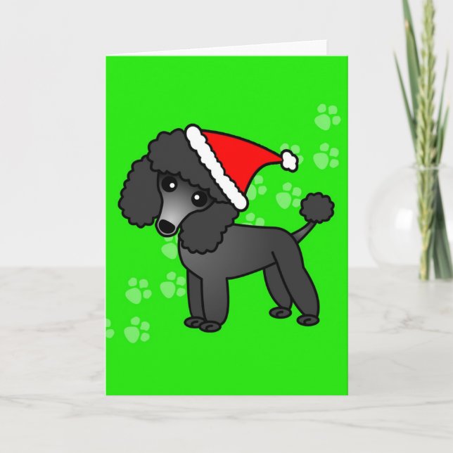 Niedlich Black Poodle Cartoon Weihnachtsmannmütze Feiertagskarte (Vorderseite)