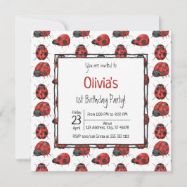 Niedlich Black Red Ladybug Muster 1. Geburtstag Pa Einladung