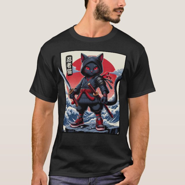 Niedlich Black Samurai Cat T-Shirt (Vorderseite)