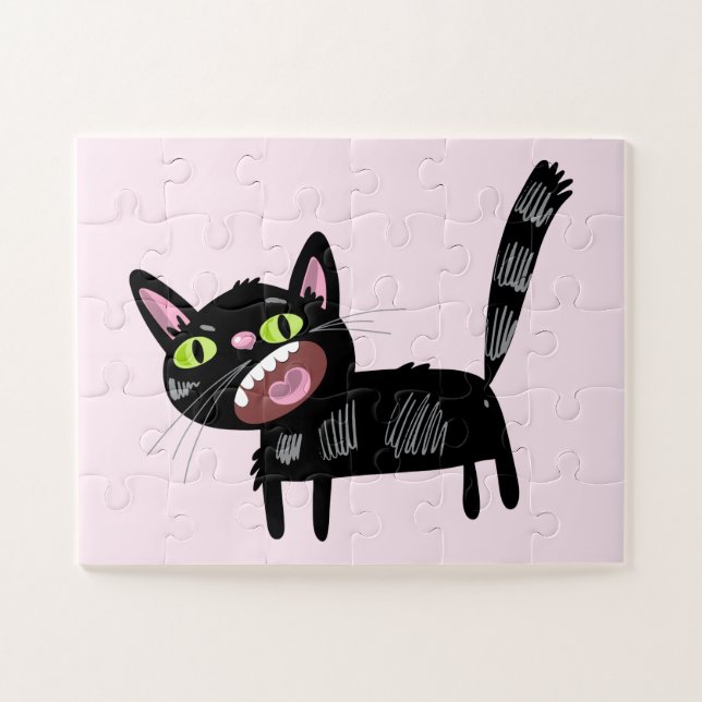 Niedlich Black Scruffy Cartoon Kitten Cat Puzzle (Horizontal)
