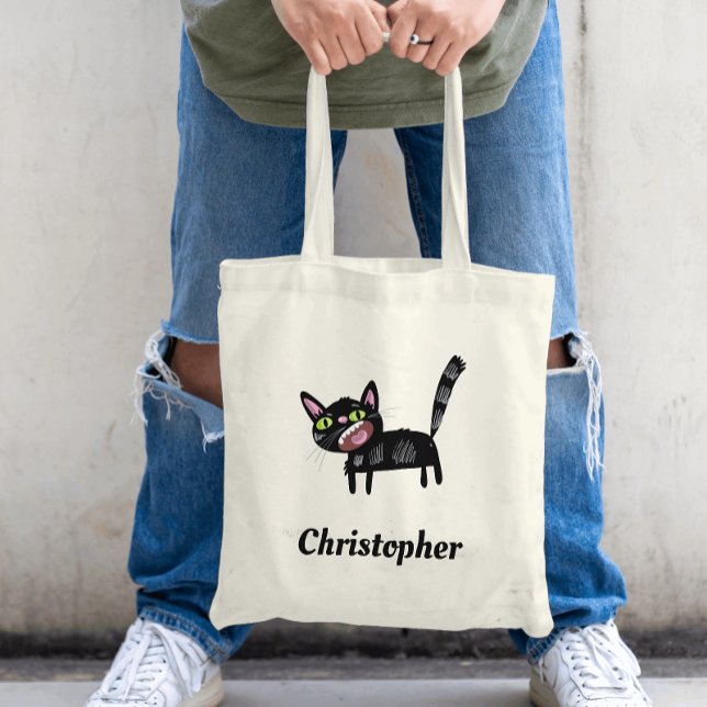 Niedlich Black Scruffy Cartoon Kitten Cat Tragetasche (Von Creator hochgeladen)