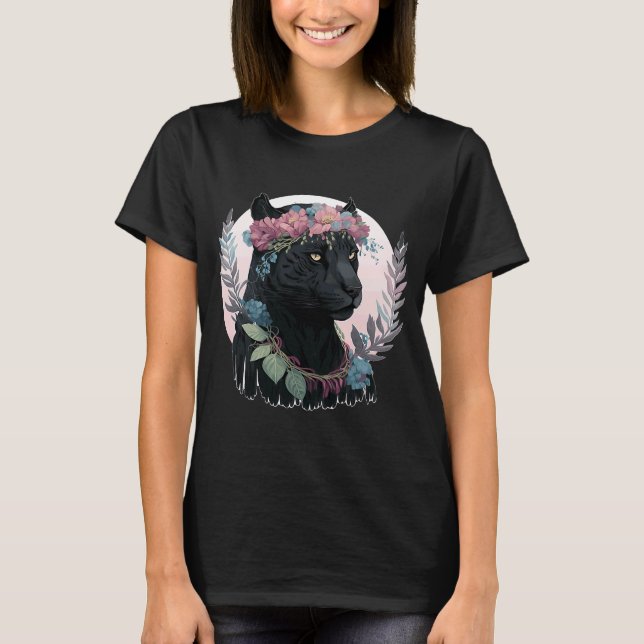 Niedlich Black Watercolor Panther Blume Crown Boho T-Shirt (Vorderseite)