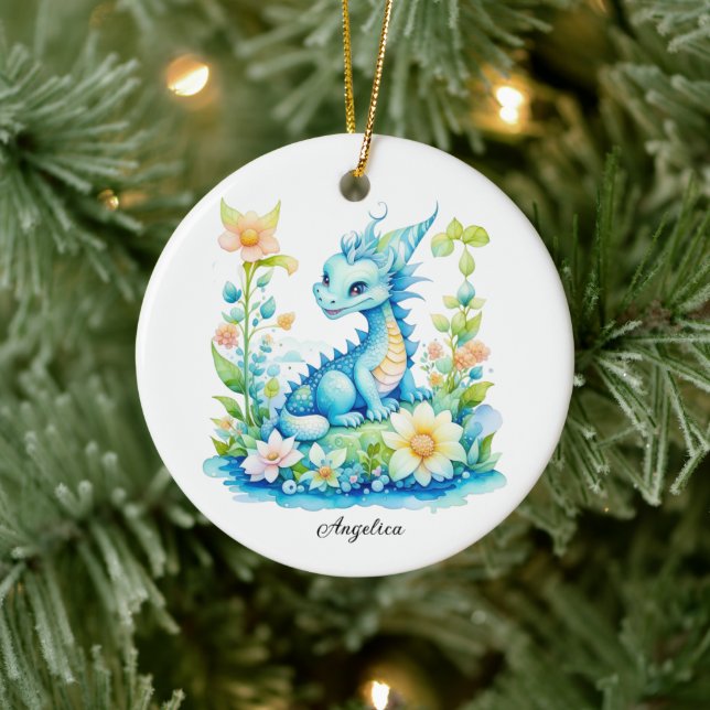 Niedlich Blau Türkis Grüner Drache Personalisiert Keramik Ornament (Baum)