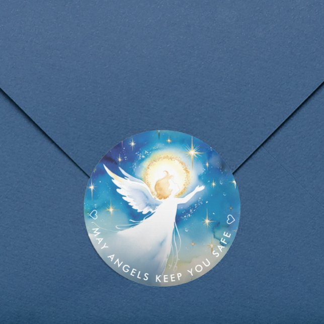 Niedlich Blau-Weiß-Wächter Angel Wasserfarbe Runder Aufkleber (Von Creator hochgeladen)