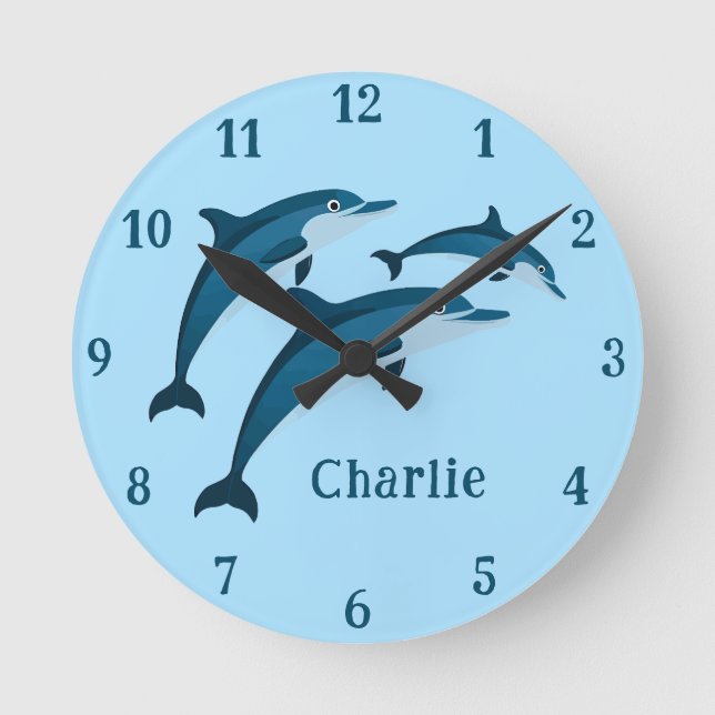 Niedlich-blaue Delphine Kinder Wall Clock Runde Wanduhr (Vorderseite)
