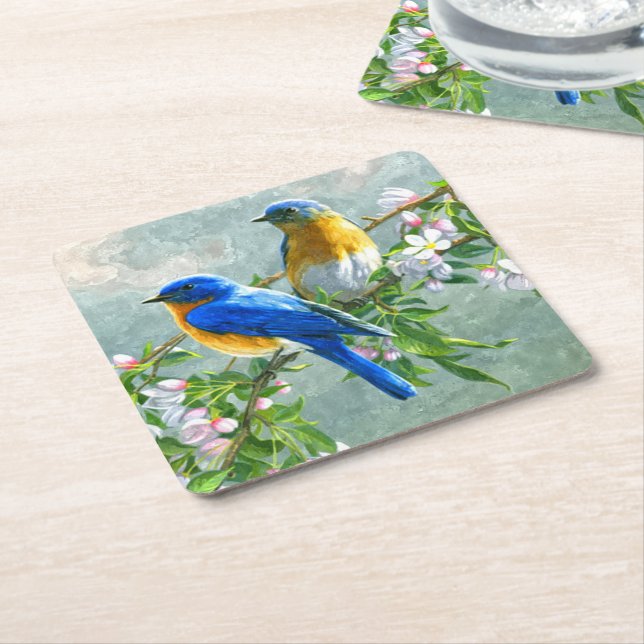 Niedlich Blaue Gelbe Vögel Kirsche Blossom Wasserf Rechteckiger Pappuntersetzer (angewinkelt)