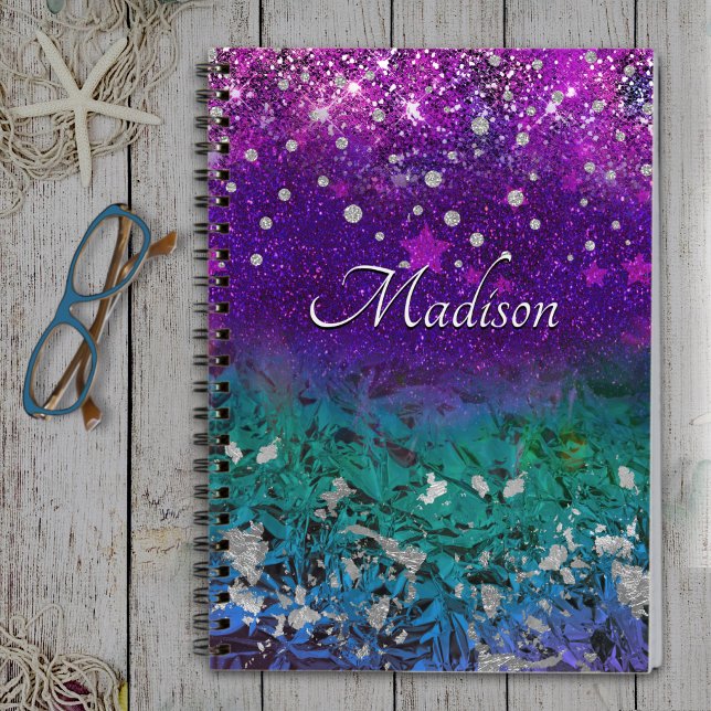 Niedlich blaue lila ombre Glitzer-Monogramm Notizbuch (Von Creator hochgeladen)