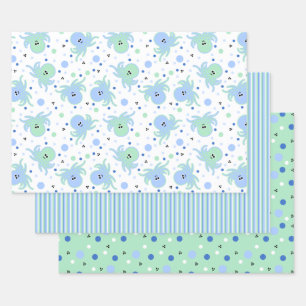 Niedlich-blaue und grüne Kraken, Streifen, Polka-D Geschenkpapier Set