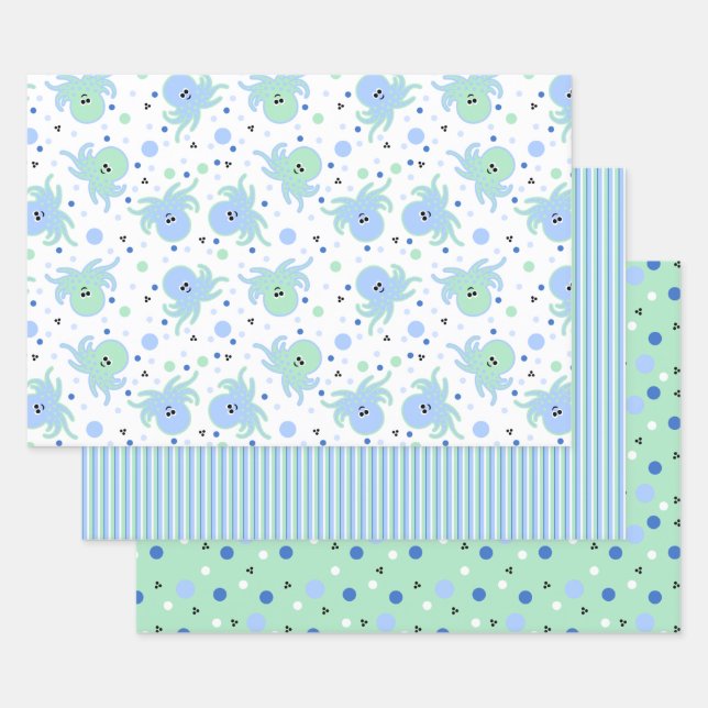 Niedlich-blaue und grüne Kraken, Streifen, Polka-D Geschenkpapier Set (Set)