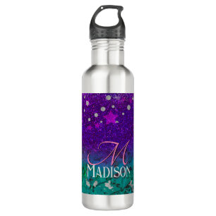 Niedlich-blauer lila Glitzer Monogramm Edelstahlflasche