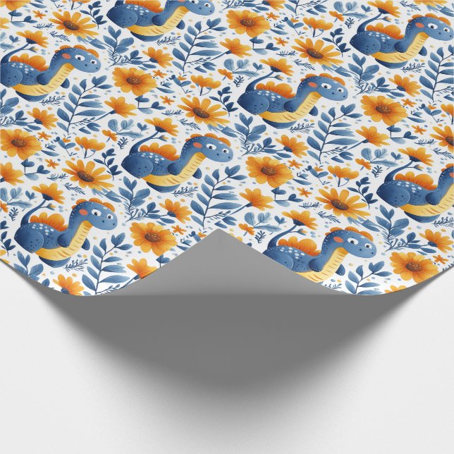 Niedlich-Blauer Orange Dinosaurier Gelbe Milchprod Geschenkpapier (Ecke)