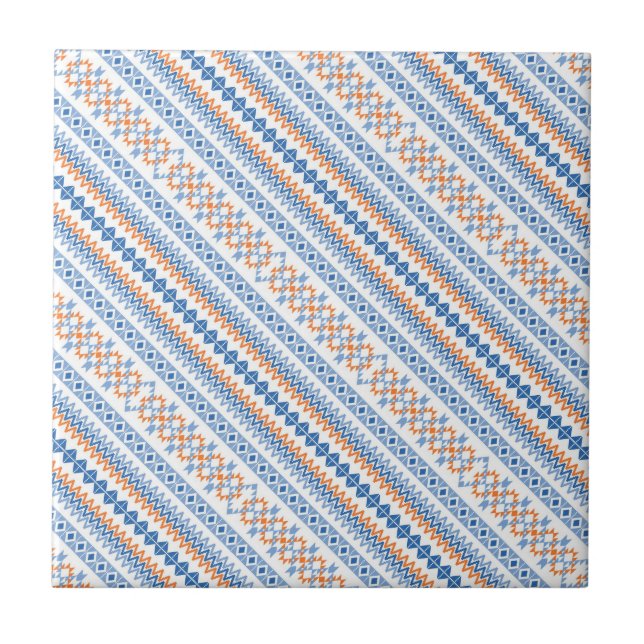Niedlich-blauorange-Aztekenmotiv-Muster Fliese (Vorderseite)