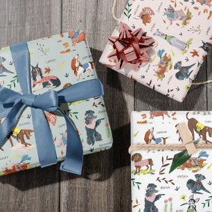 Niedlich-blaurosa-weiße Hunde Herbstnaturmuster Geschenkpapier Set