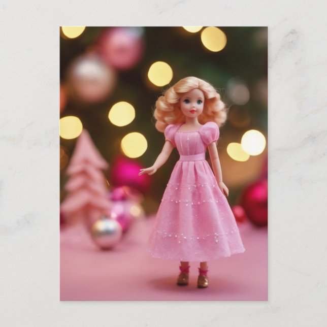 Niedlich Blond Pink Retro Weihnachtspuppe Postkarte (Vorderseite)