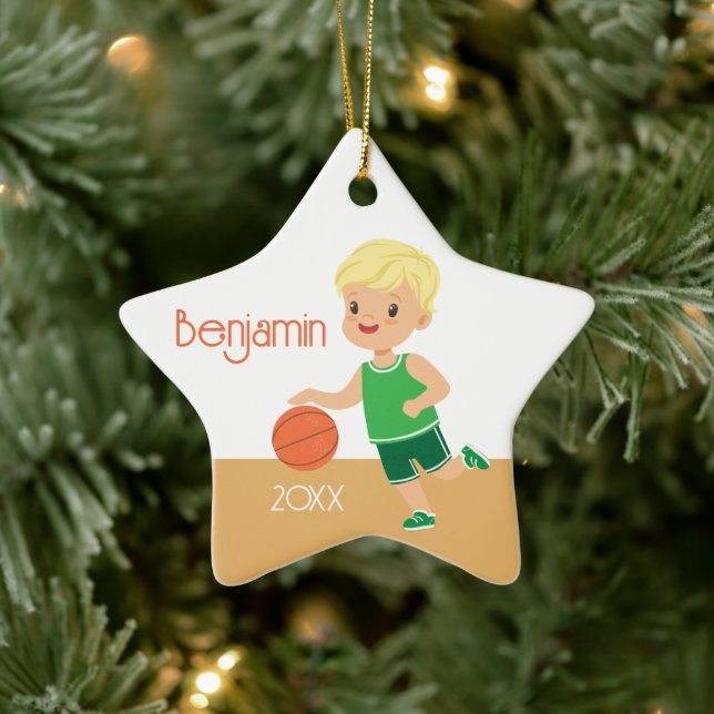 Niedlich Blonde Boy Basketball Personalisiert Weih Keramik Ornament (Baum)