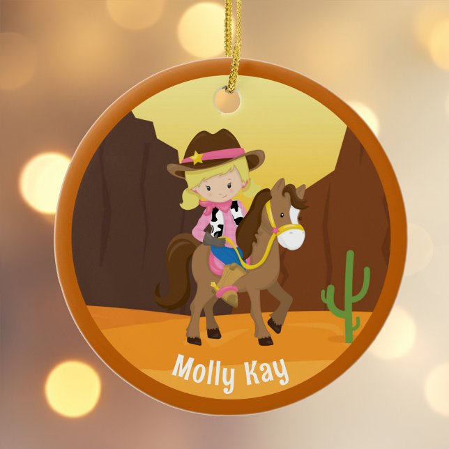Niedlich Blonde Cowgirl Custom Kids Name Weihnacht Keramik Ornament (Von Creator hochgeladen)