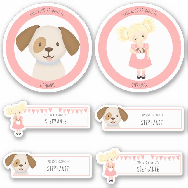 Niedlich Blonde Girl and Puppy Dieses Buch gehört Aufkleber (Vorderseite)