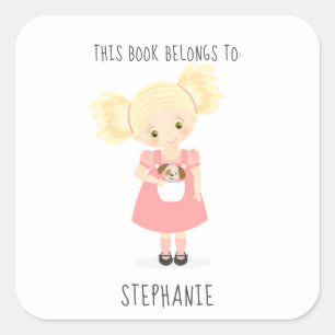 Niedlich Blonde Girl and Puppy Dieses Buch gehört Quadratischer Aufkleber