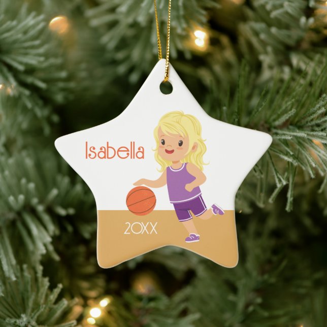 Niedlich Blonde Girl Basketball Keramik Ornament (Baum)