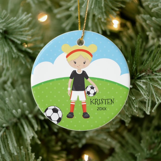 Niedlich Blonde Girl Soccer Personalisierte Weihna Keramik Ornament (Baum)
