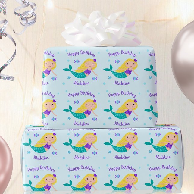 Niedlich Blonde Lila Mermaid Personalisiert Geburt Geschenkpapier (Von Creator hochgeladen)