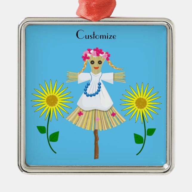 Niedlich Blonde Pigtails Scarecrow Ornament Aus Metall (Vorne)