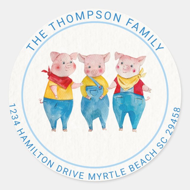 Niedlich Blue 3 Little Schweine Babydusche Anschri Runder Aufkleber (Vorderseite)