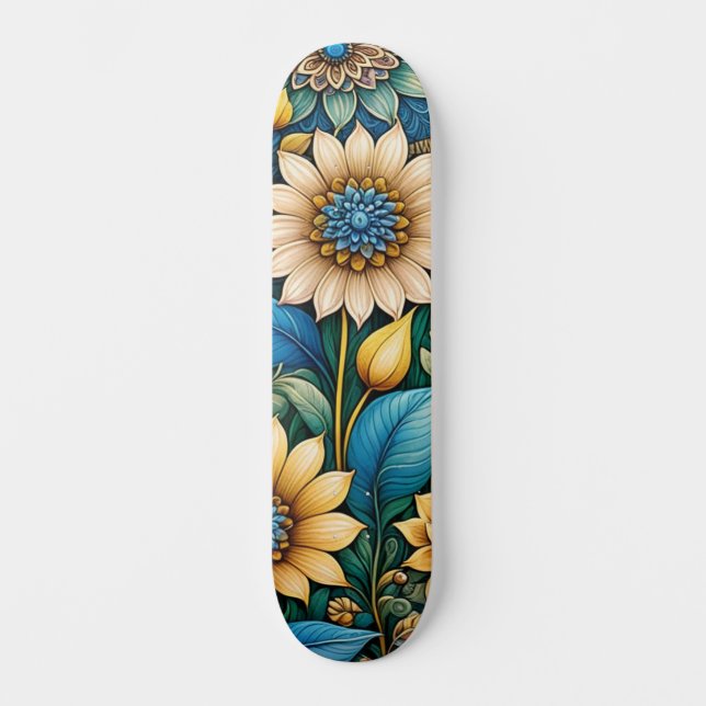 Niedlich Blue Abstrakt Sunflower Design Wide Stree Skateboard (Vorderseite)