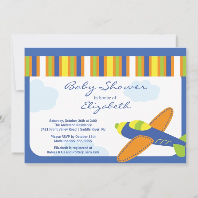 Niedlich Blue Airplane Boy Baby Shower Einladung (Vorderseite)