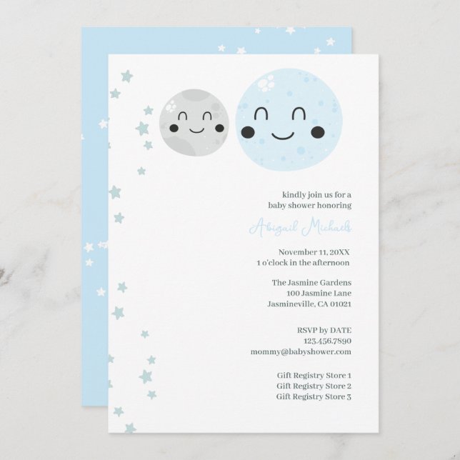 Niedlich Blue and Gray Planets Baby Girl Dusche Einladung (Vorne/Hinten)
