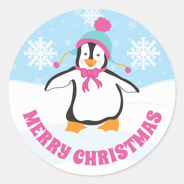 Niedlich Blue and Pink Hat Christmas Penguin Runder Aufkleber (Vorderseite)