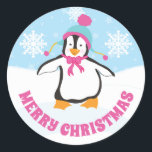 Niedlich Blue and Pink Hat Christmas Penguin Runder Aufkleber<br><div class="desc">Niedlich Blue and Pink Hat Christmas Pinguin Design</div>