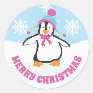 Niedlich Blue and Pink Hat Christmas Penguin Runder Aufkleber