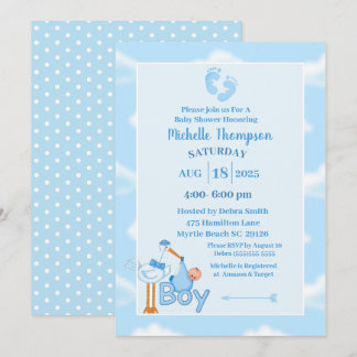 Niedlich Blue and White Baby Boy Stork Dusche Einladung