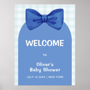 Niedlich Blue Arch Gingham Bow Baby Dusche Willkom Poster
