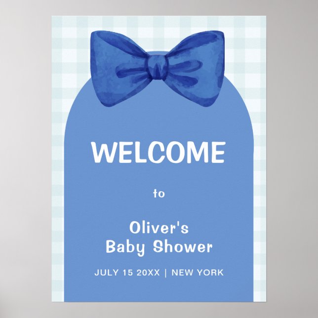 Niedlich Blue Arch Gingham Bow Baby Dusche Willkom Poster (Vorne)