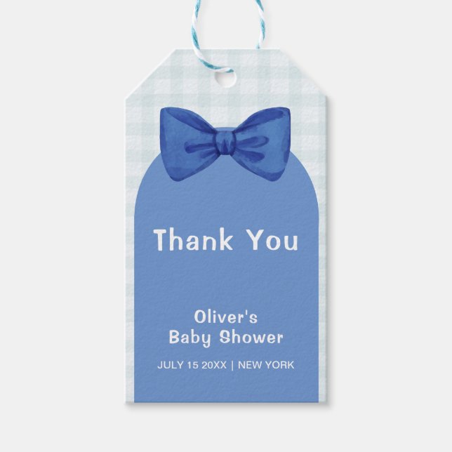 Niedlich Blue Arch Gingham Kariert Bow Boy Baby Du Geschenkanhänger (Vorderseite)