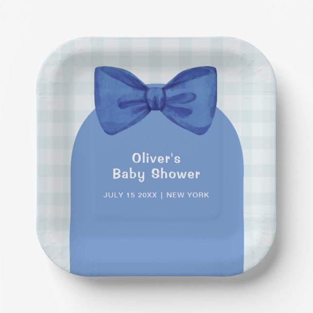 Niedlich Blue Arch Gingham Kariert Bow Boy Baby Du Pappteller (Vorderseite)