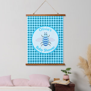 Niedlich Blue Baby Boy Bee Custom Baby Shower Wandteppich Mit Holzrahmen