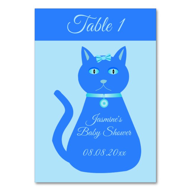 Niedlich Blue Baby Boy Cat Custom Baby Dusche Tischnummer (Vorderseite)