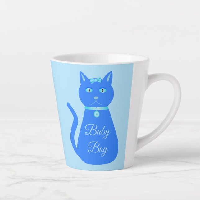 Niedlich Blue Baby Boy Cat Custom Gender Reveal Milchtasse (Rechts)