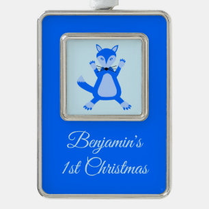Niedlich Blue Baby Boy Fox Custom 1. Weihnachten Rahmen-Ornament Silber