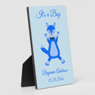Niedlich Blue Baby Boy Fox Custom Birth Ankündigun Fotoplatte