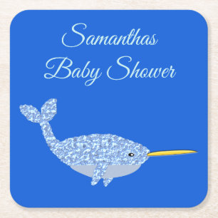 Niedlich Blue Baby Boy Narwhal Baby Dusche kundens Rechteckiger Pappuntersetzer