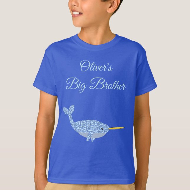 Niedlich Blue Baby Boy Narwhal Custom Big Brother T-Shirt (Vorderseite)