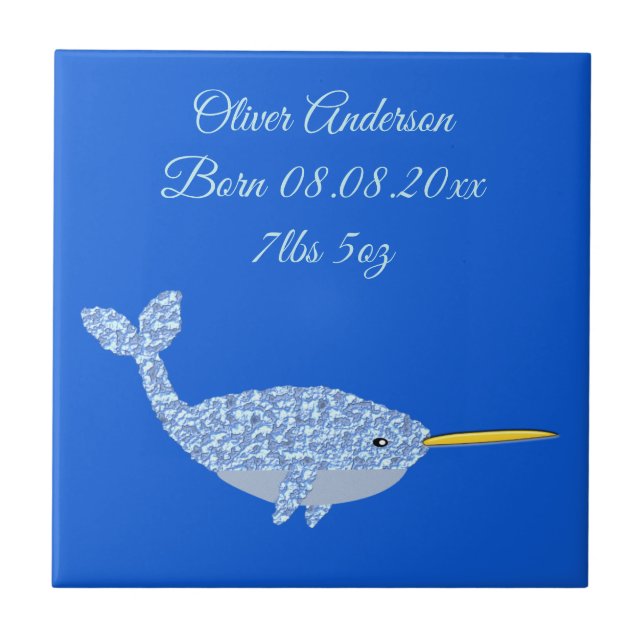 Niedlich Blue Baby Boy Narwhal Custom Birth Fliese (Vorderseite)