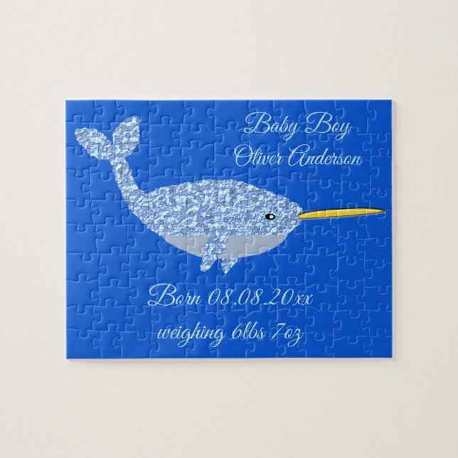 Niedlich Blue Baby Boy Narwhal Custom New Baby Puzzle (Horizontal)
